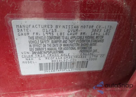 2015 Nissan Sentra Sv z USA, uszkodzony, nr VIN 3N1AB7AP5FL637905